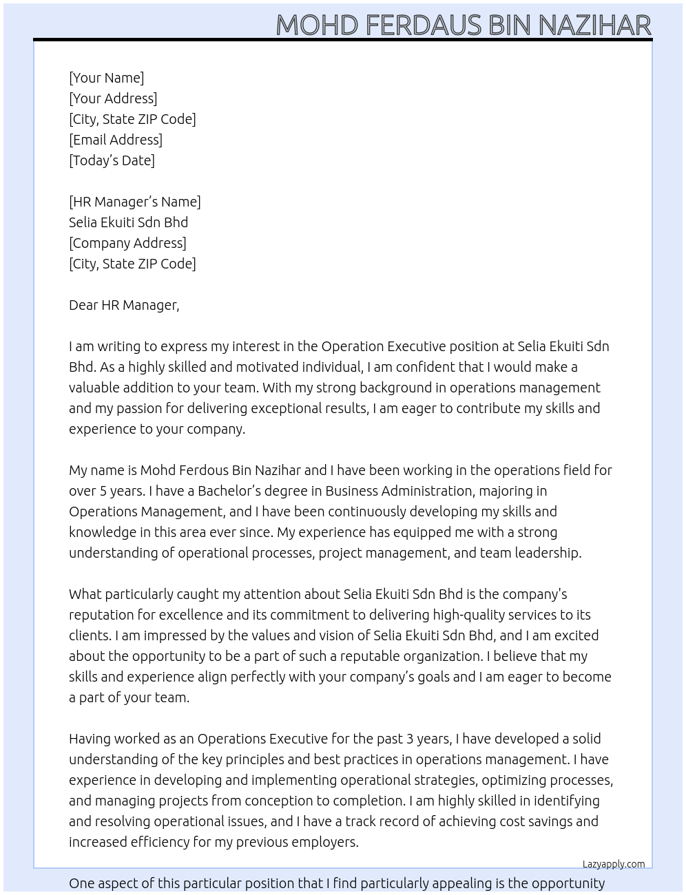 OPERATION EXECUTIVE At Selia Ekuiti Sdn Bhd Cover Letter