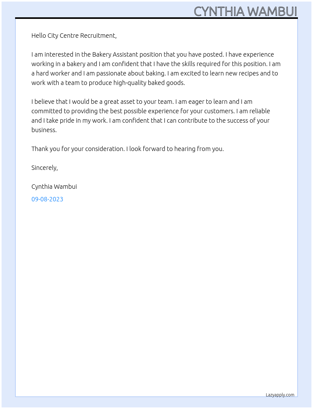 Bakery Assistant At City Centre Recruitment Cover Letter