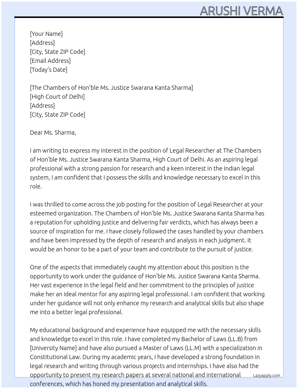 Legal Researcher At The Chambers of Hon’ble Ms. Justice Swarana Kanta Sharma, High Court of Delhi Cover Letter