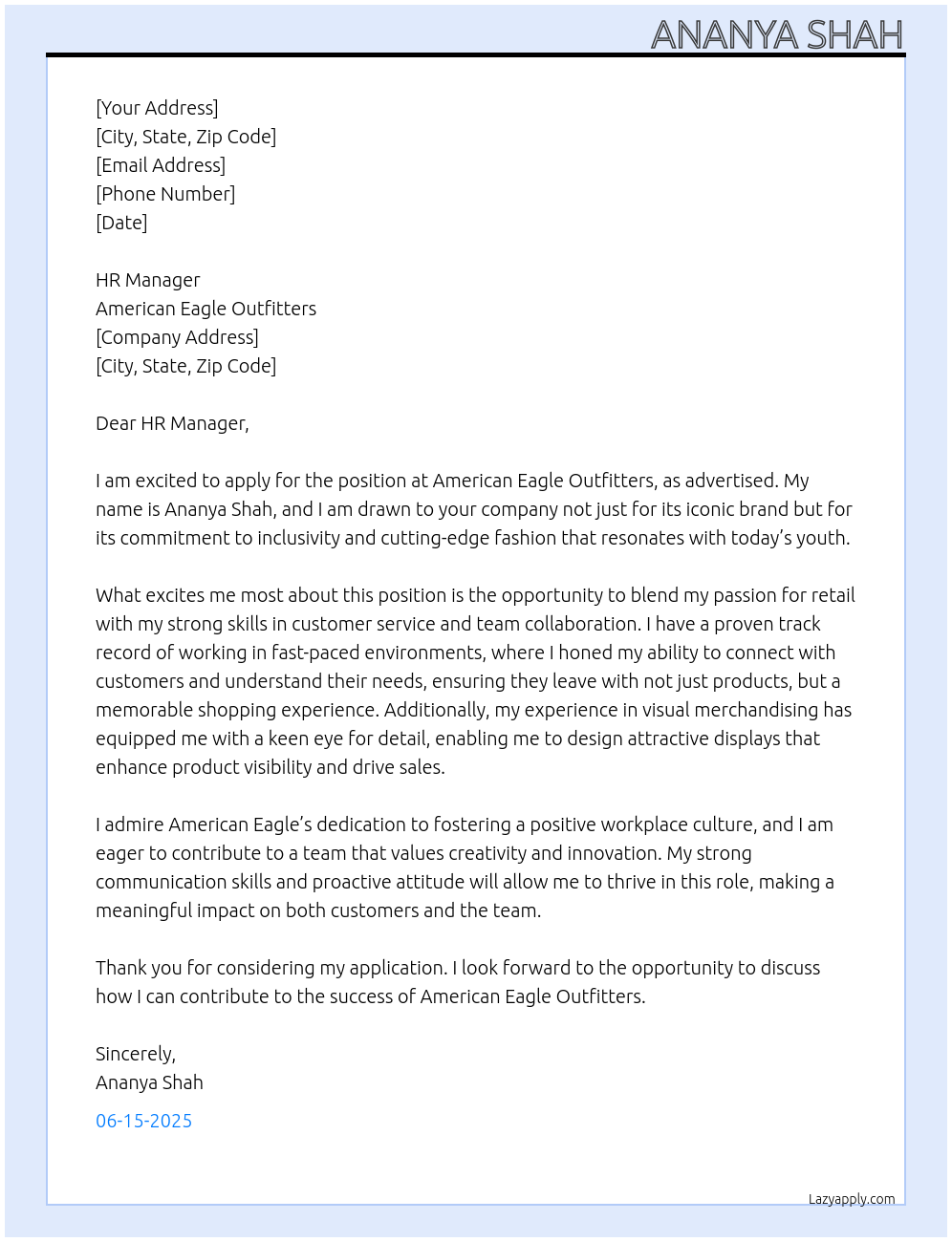 American Eagle At American Eagle Outfitters Cover Letter