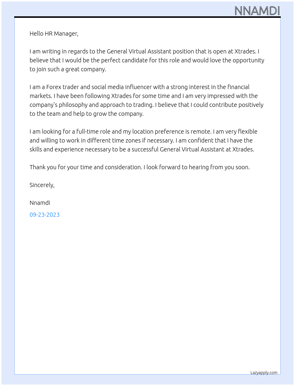 General Virtual Assistant At Xtrades Cover Letter
