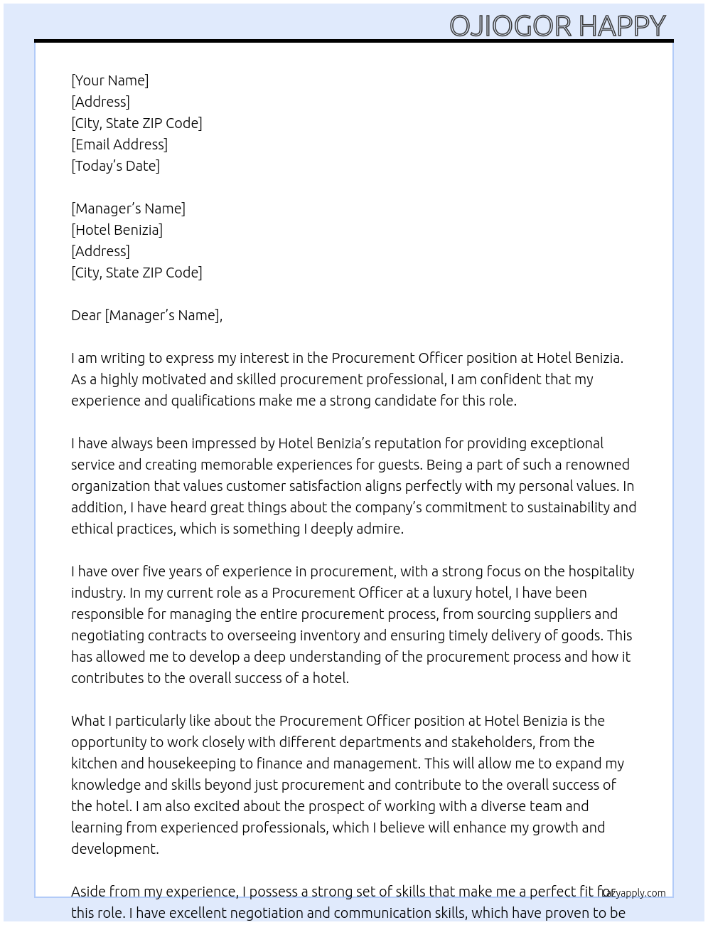 Procurement officer At Hotel Benizia Cover Letter