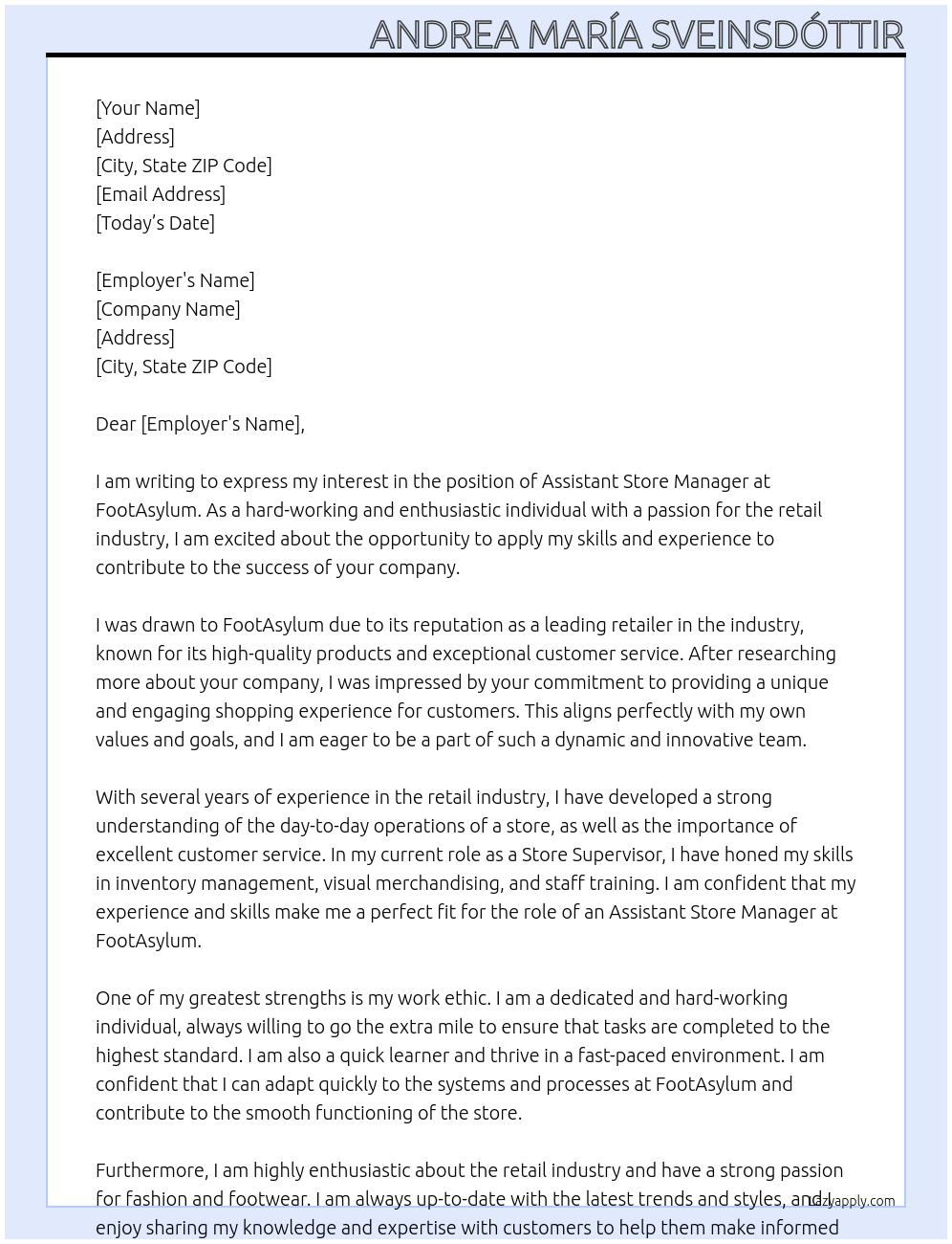 assistant store manager At FootAsylum Cover Letter