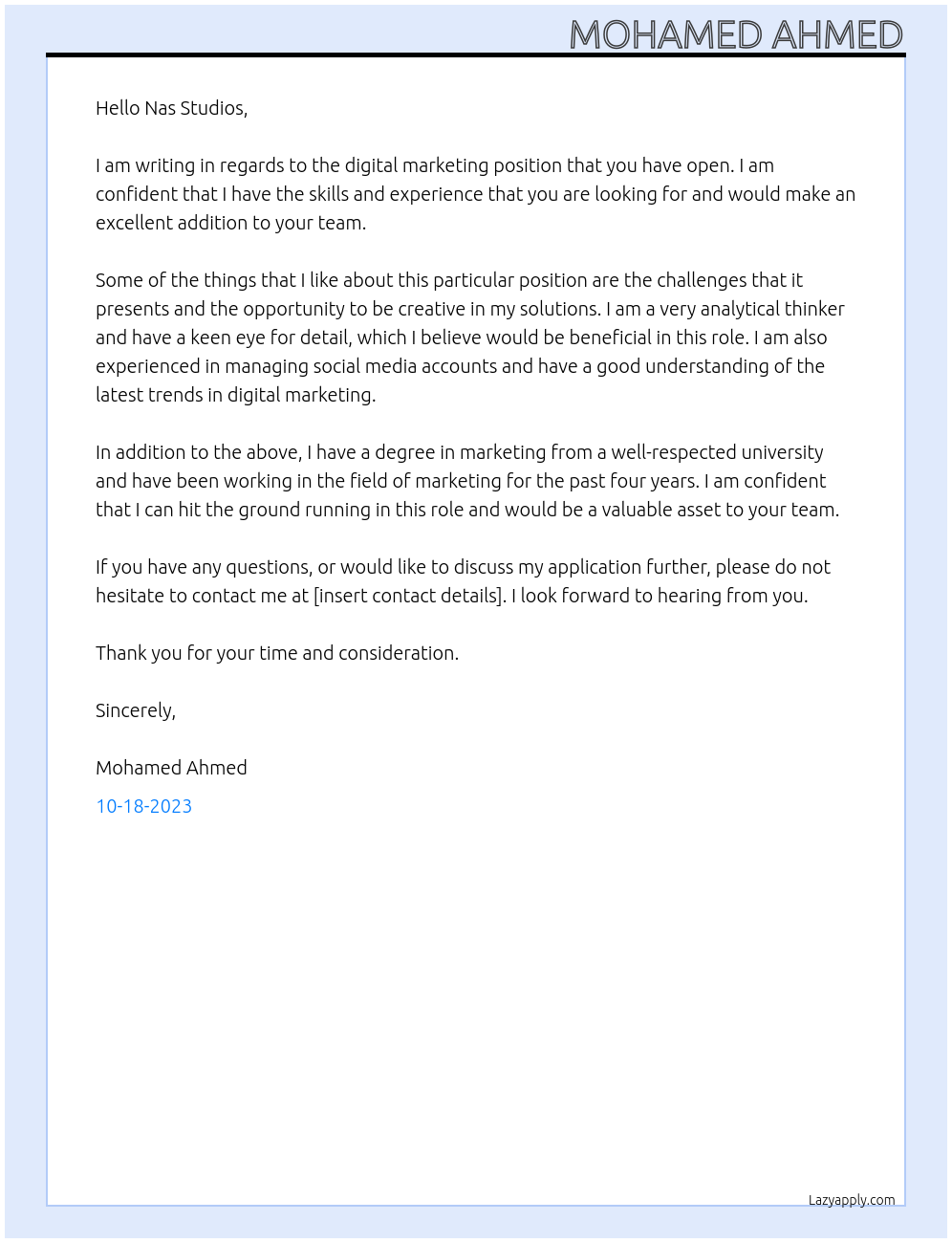 Digital marketer At Nas Studios Cover Letter