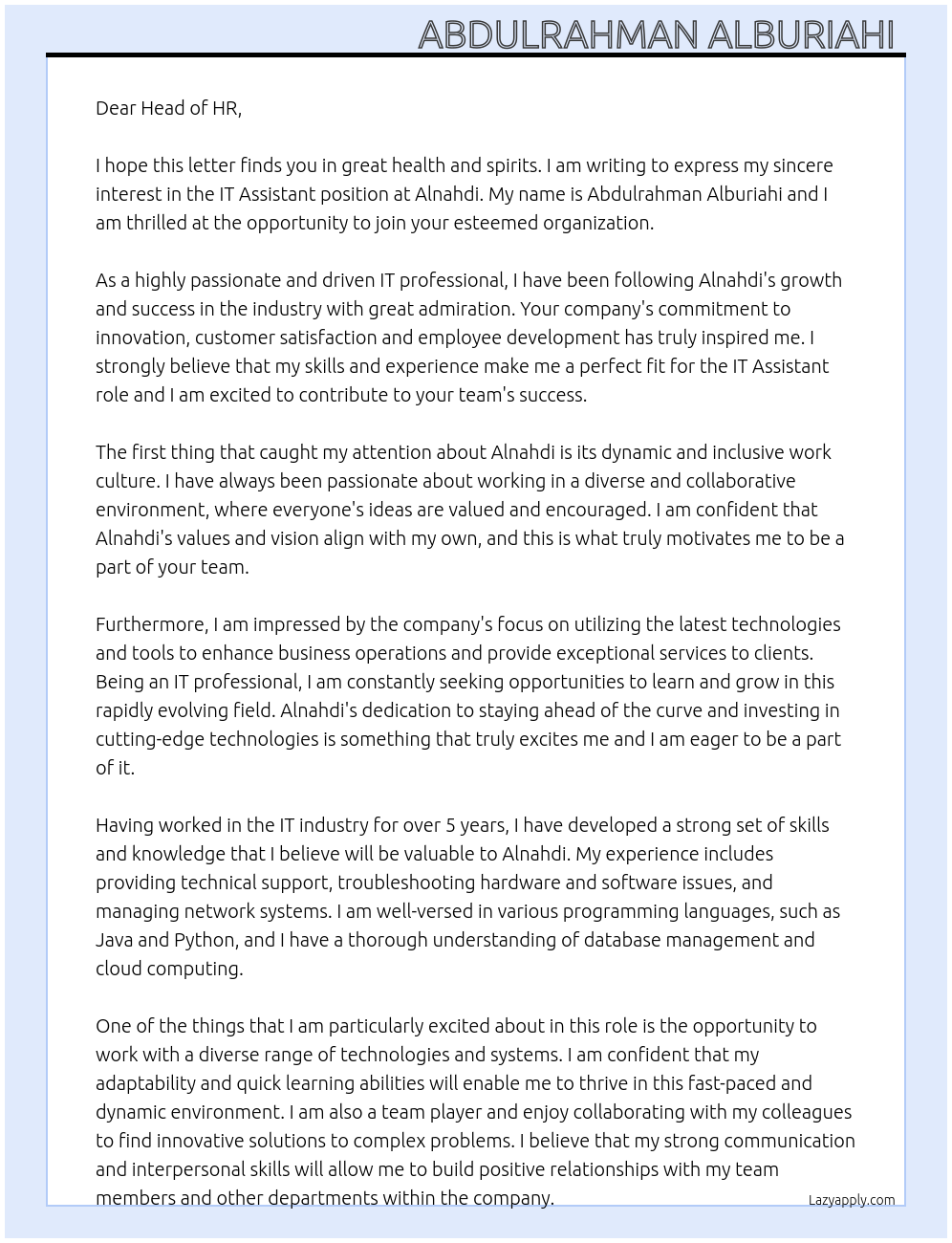 IT Assistant At Alnahdi Cover Letter