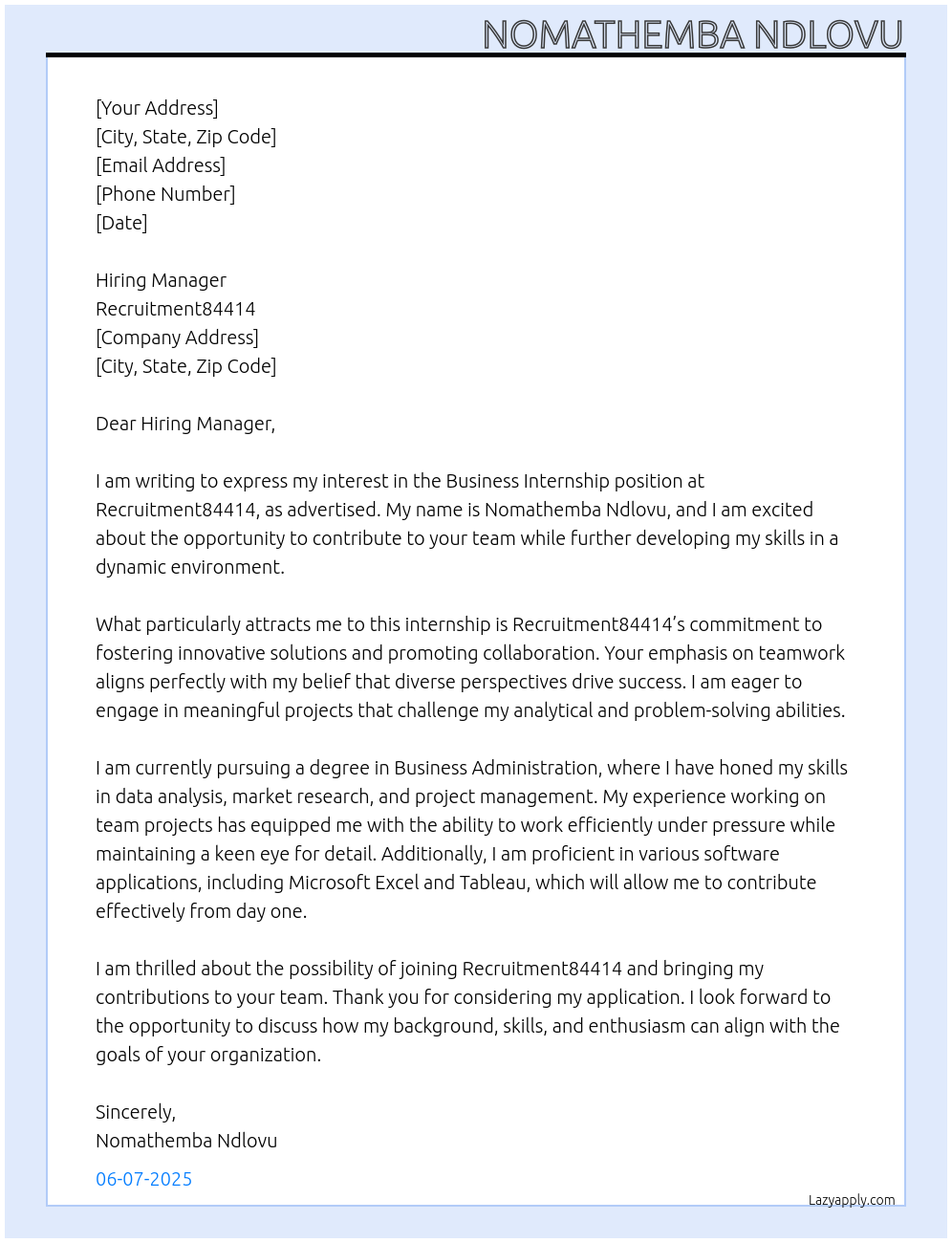 Cover letter for business internship - LazyApply
