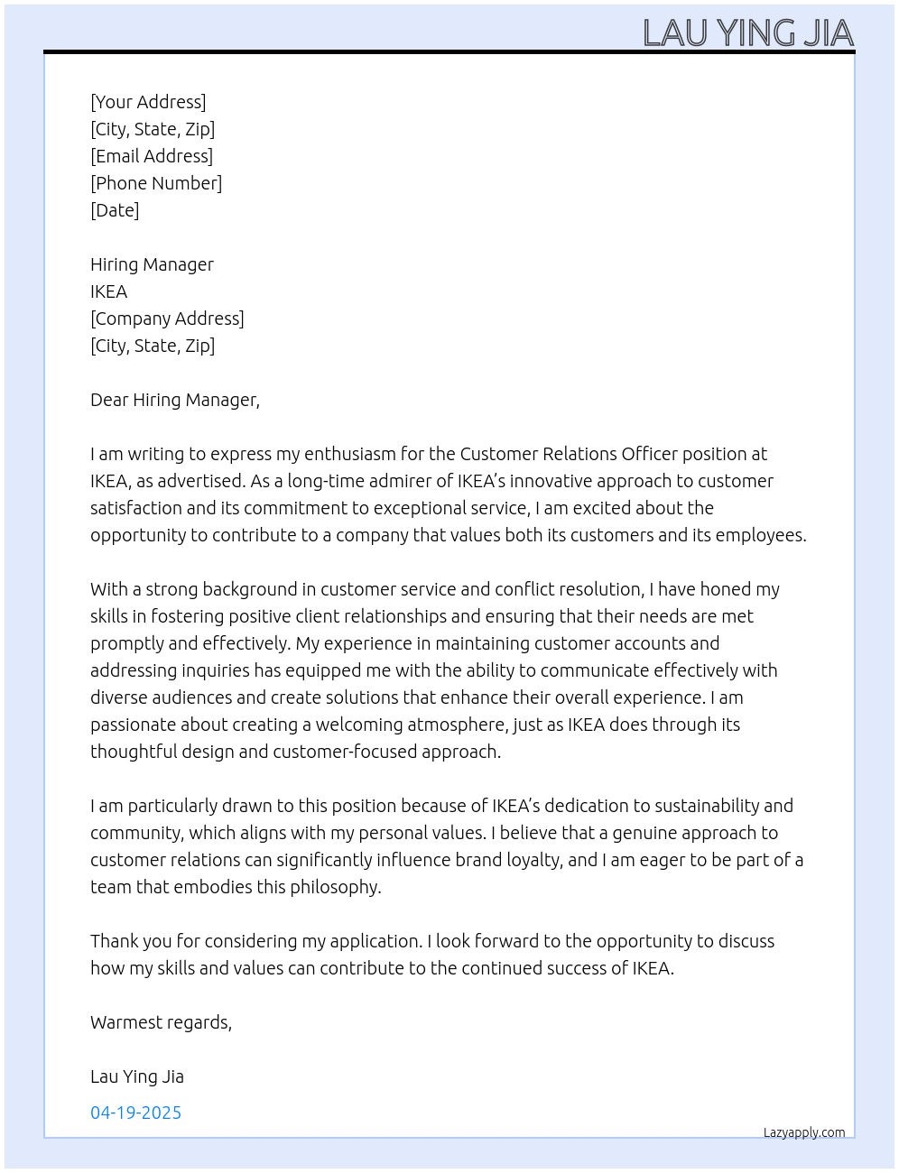 Customer Relations Officer At IKEA Cover Letter