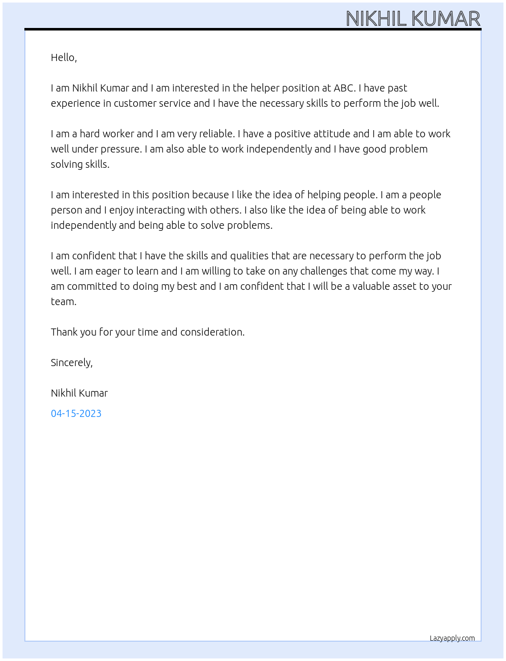 helper At abc Cover Letter