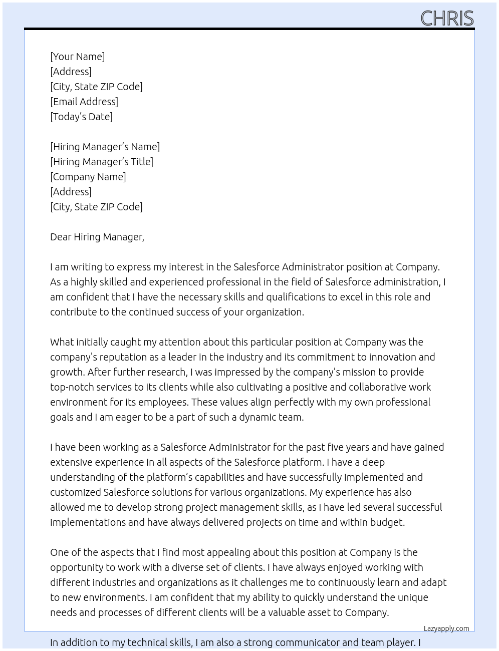 Salesforce Administrator At Company Cover Letter