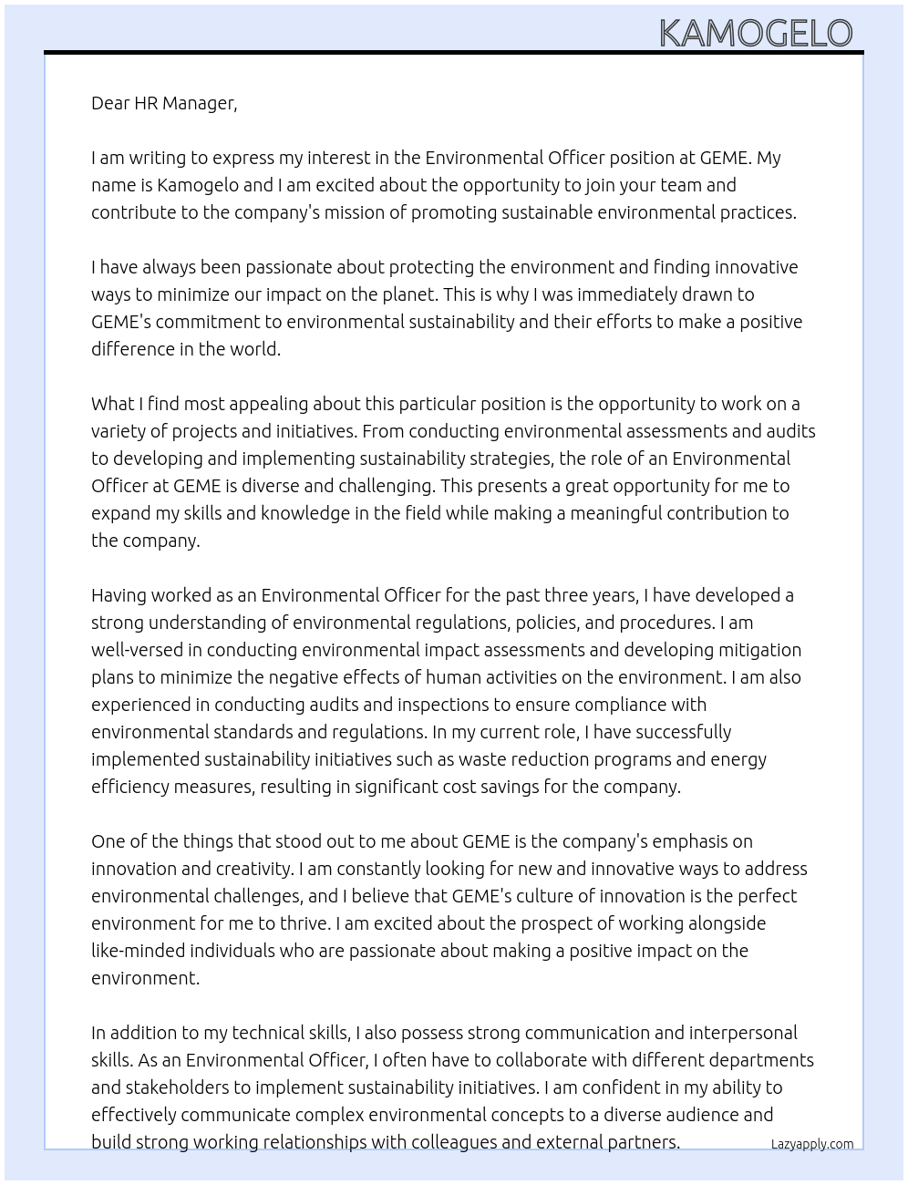 Environmental Officer At GEME Cover Letter