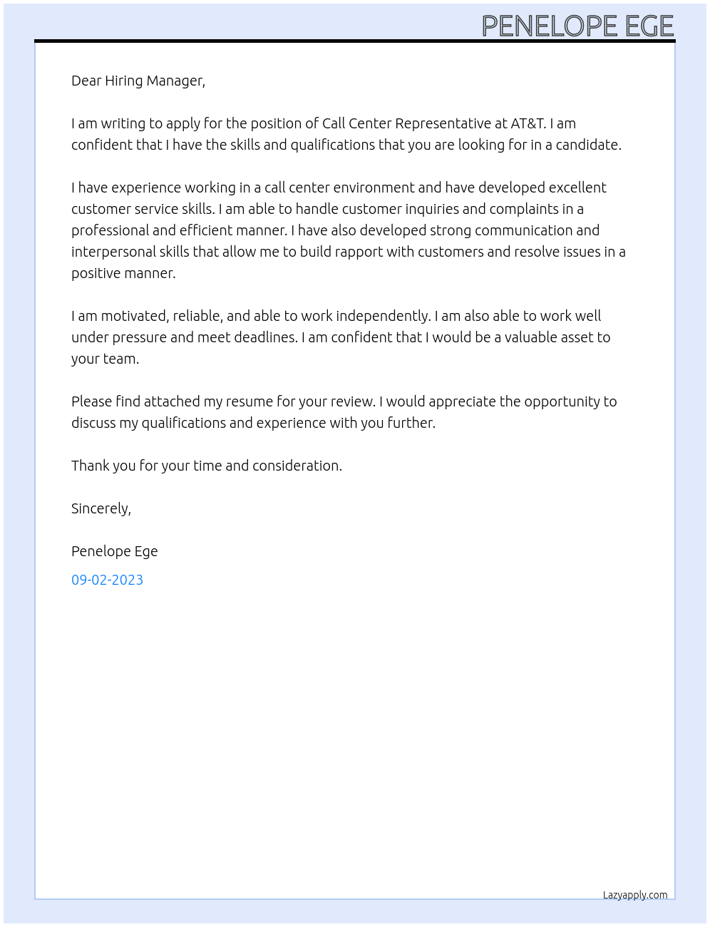 Call Center Representative At AT&T Cover Letter