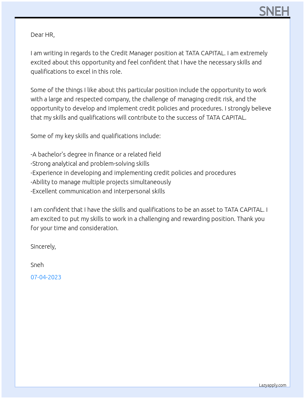 Credit Manager At TATA CAPITAL Cover Letter