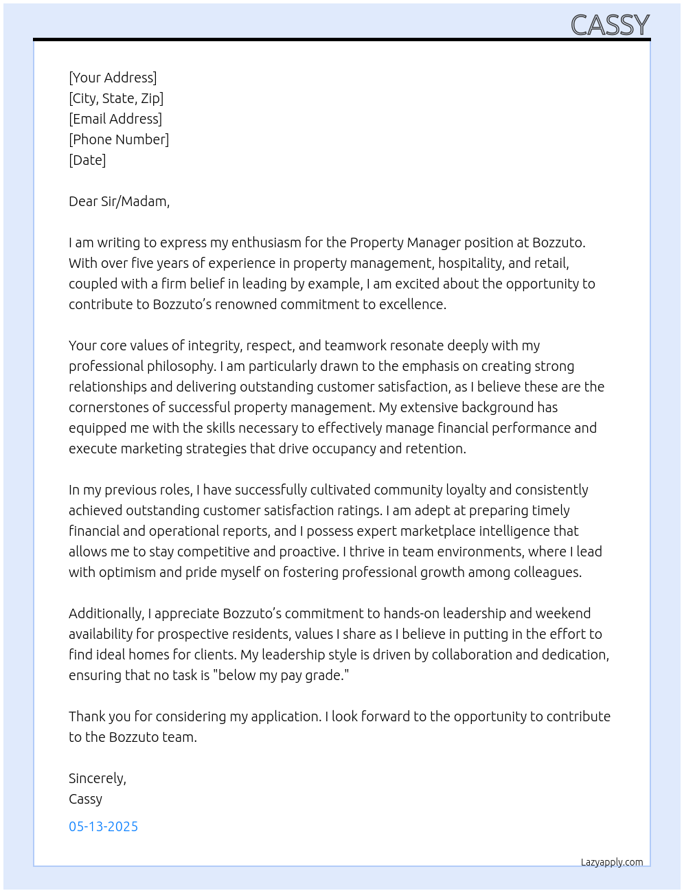 Property Manager At Bozzuto Cover Letter