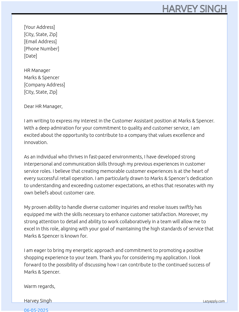 customer assistant At Marks & Spencers Cover Letter