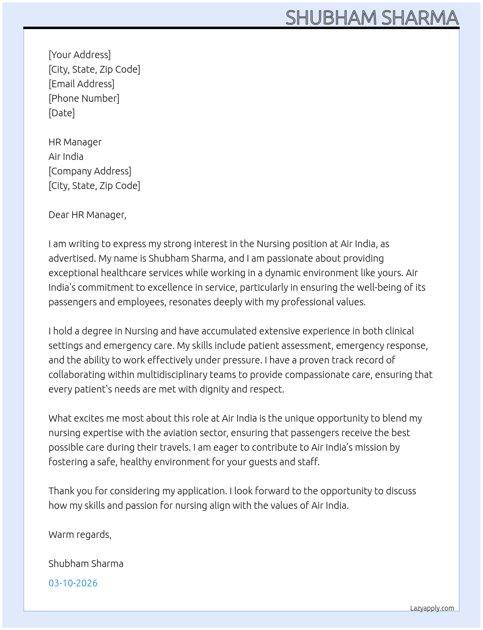 Nursing At Air India Cover Letter
