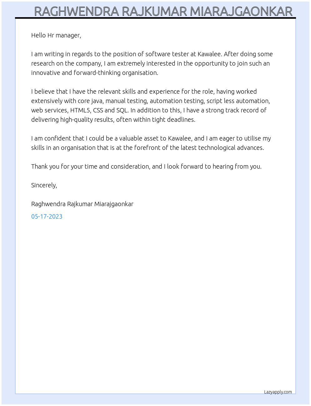 Software tester  At Kawalee Cover Letter