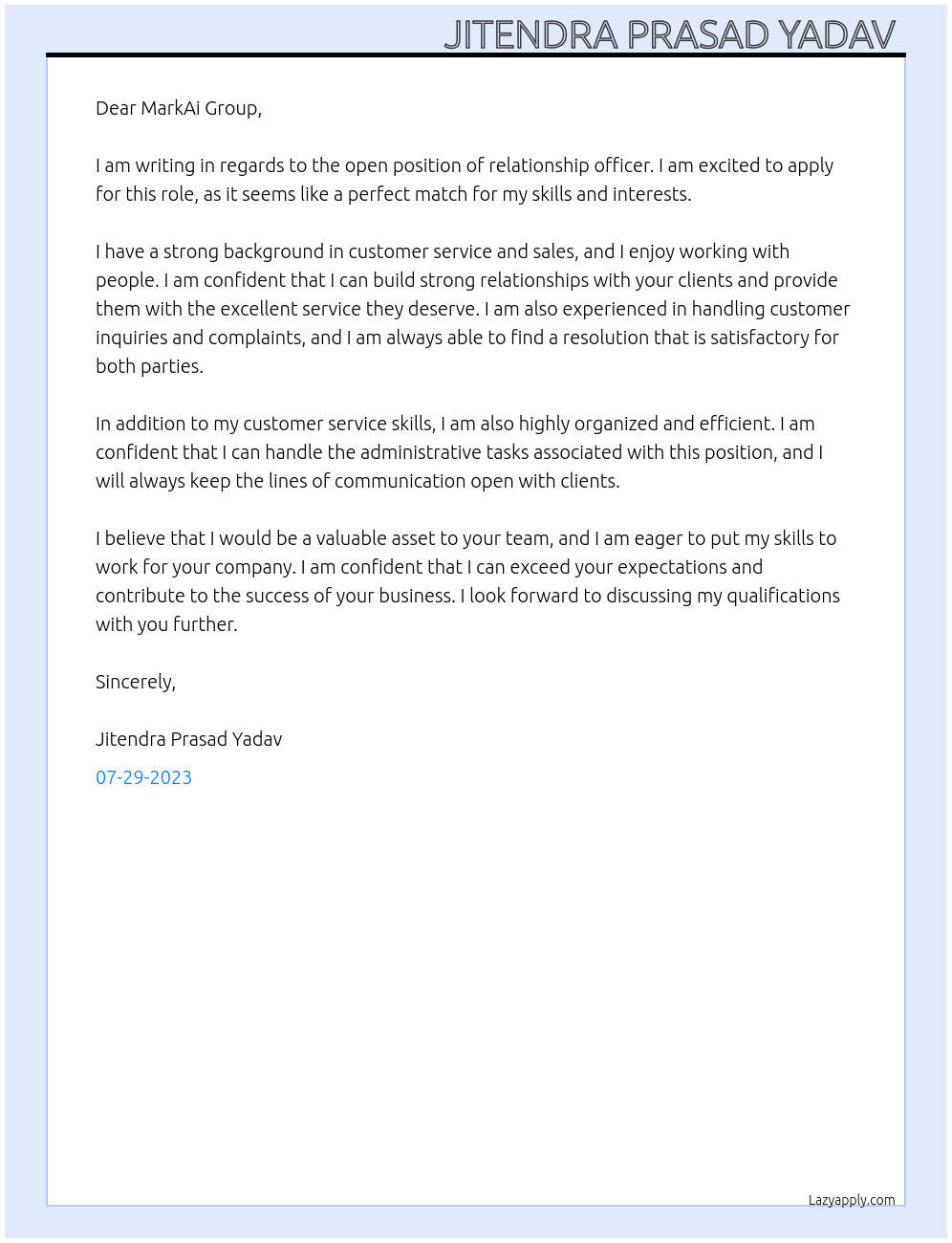 Relationship officer  At MarkAi Group  Cover Letter