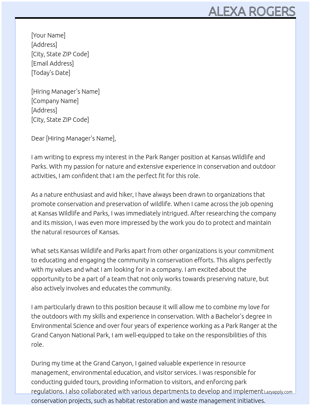 Park Ranger At Kansas Wildlife and Parks Cover Letter