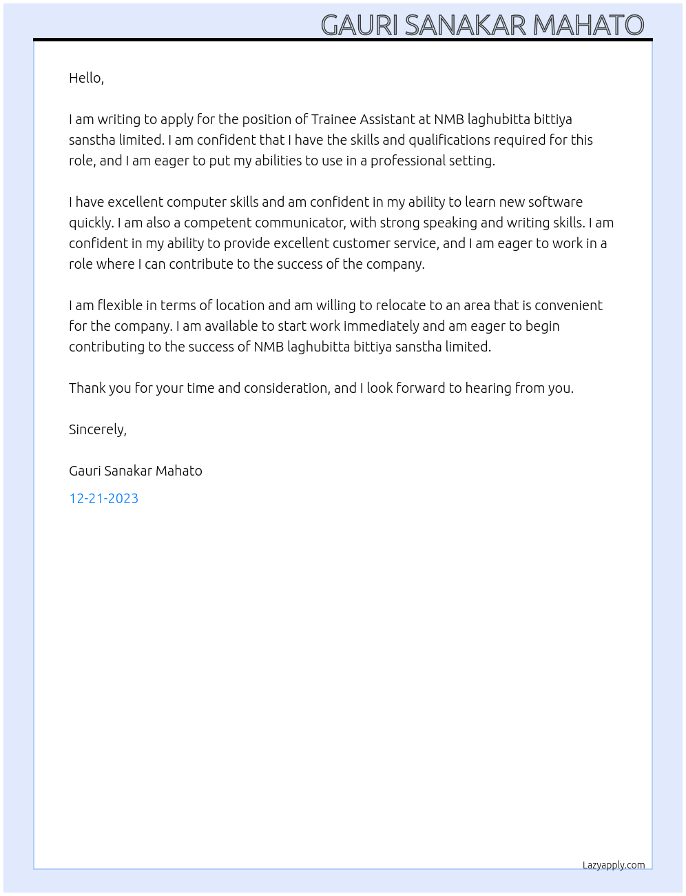 Trainee assistant At NMB laghubitta bittiya sanstha limited Cover Letter