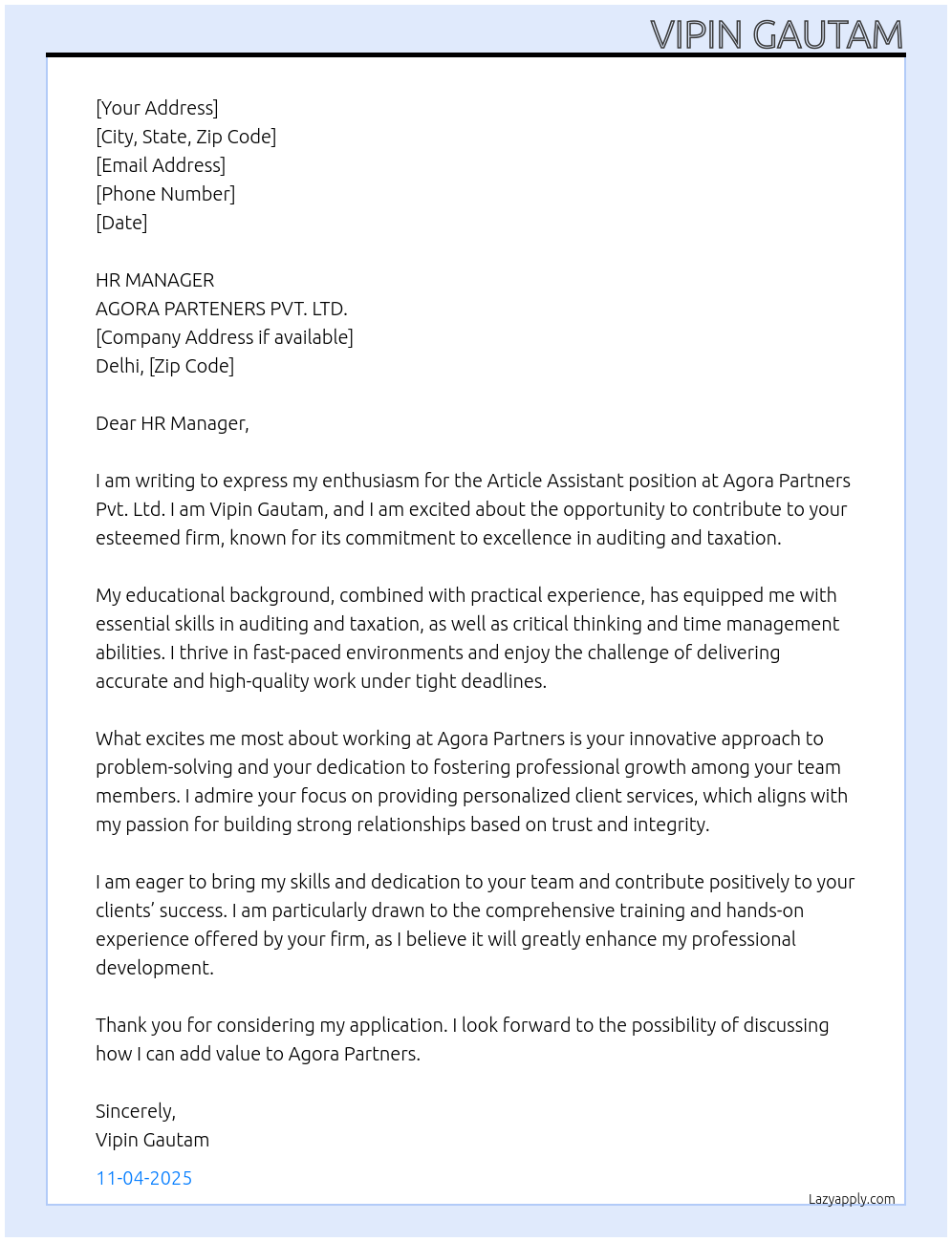 Article assistant At AGORA PARTENERS PVT.LTD. Cover Letter