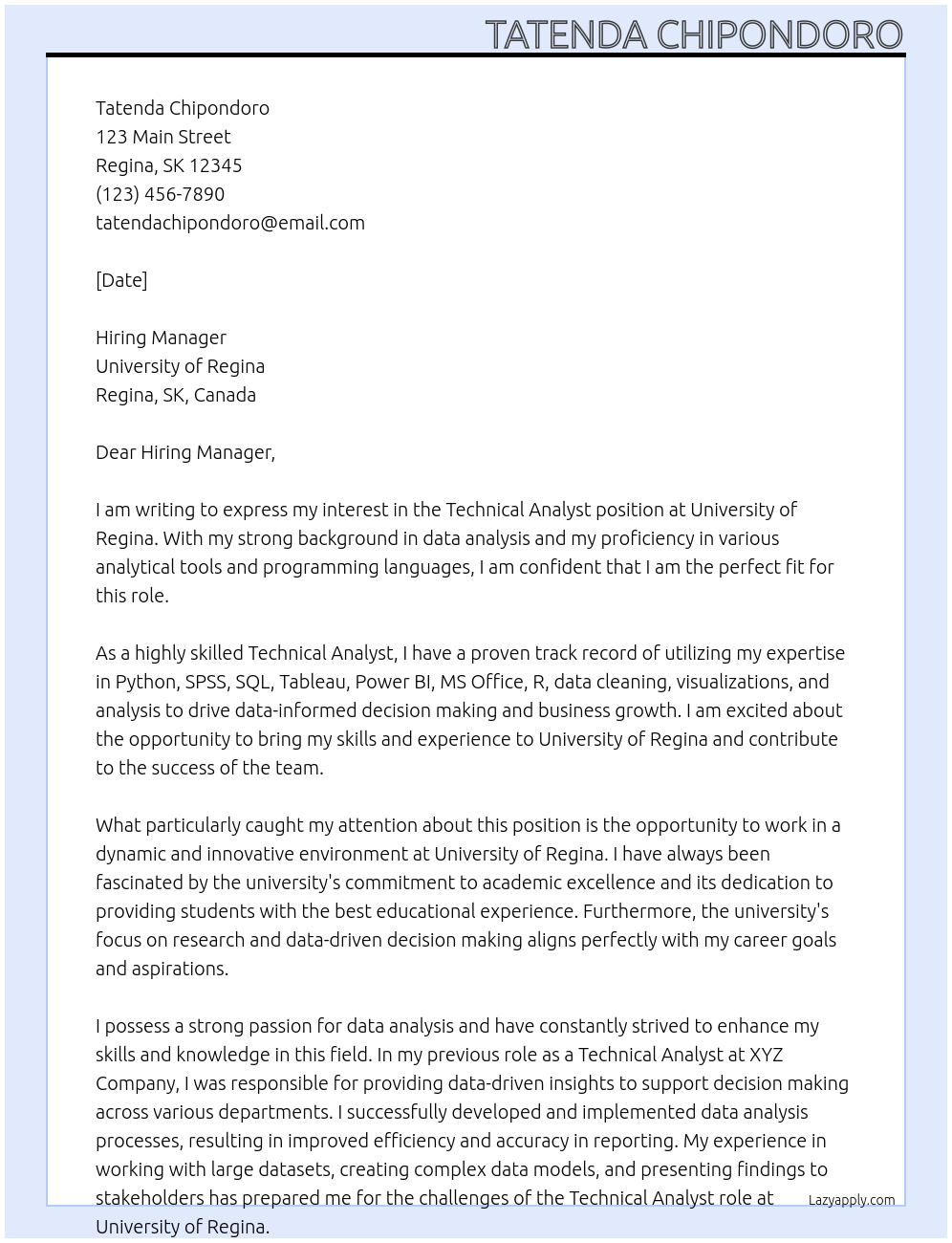 Technical Analyst At University of Regina Cover Letter