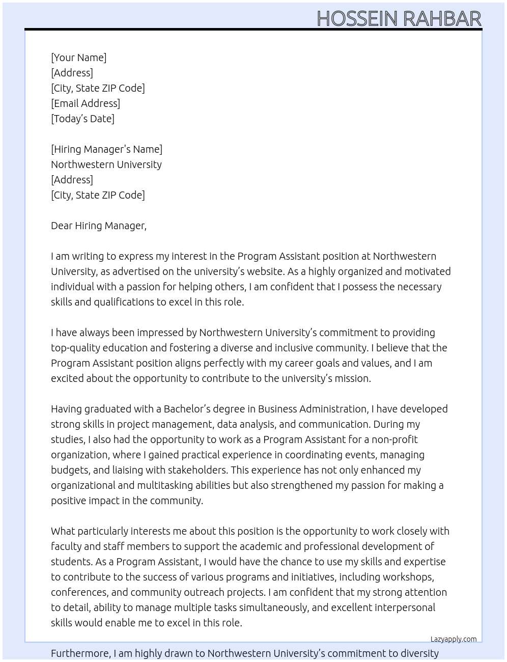 Program Assistant At Northwester University Cover Letter