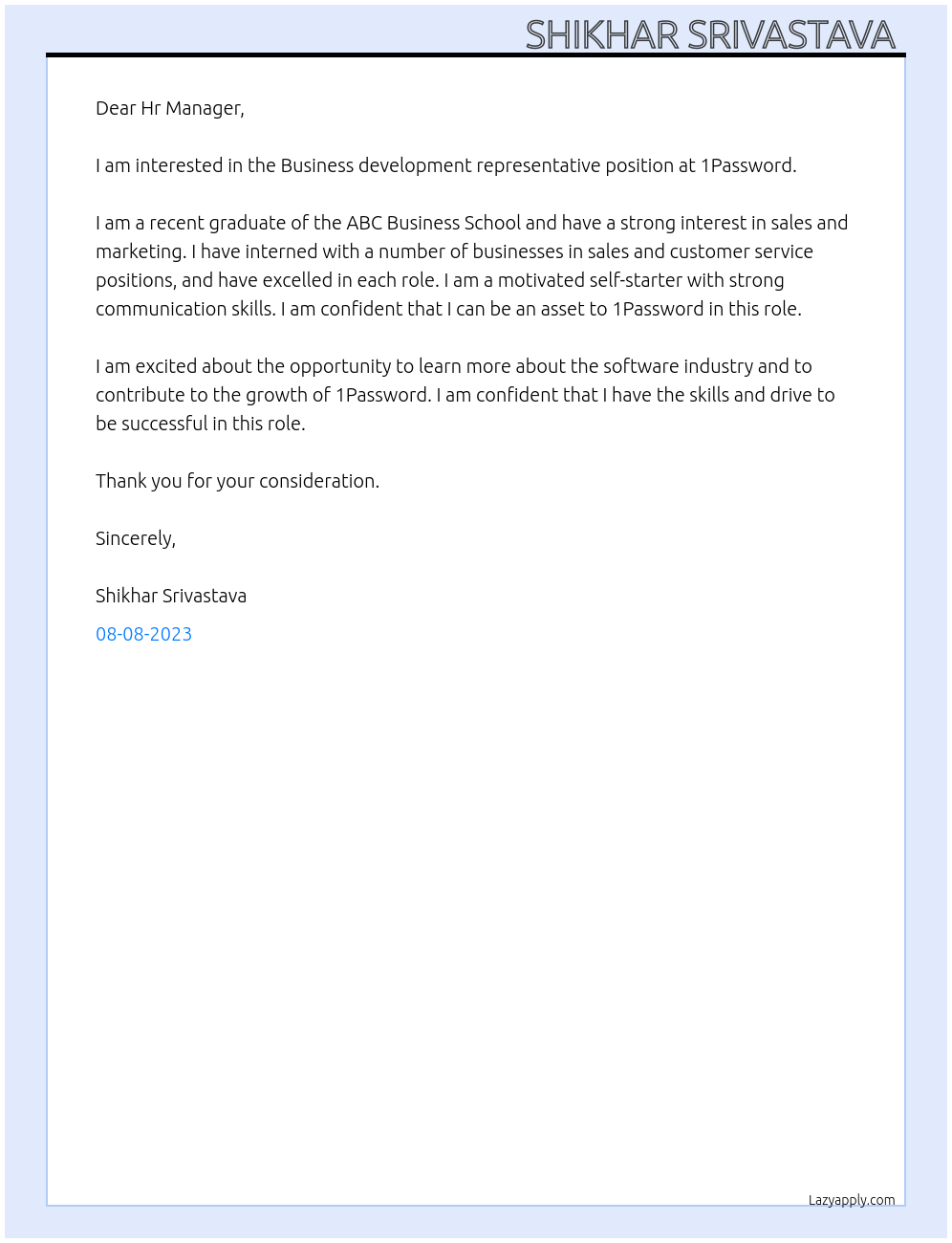Business development representative At 1Password Cover Letter