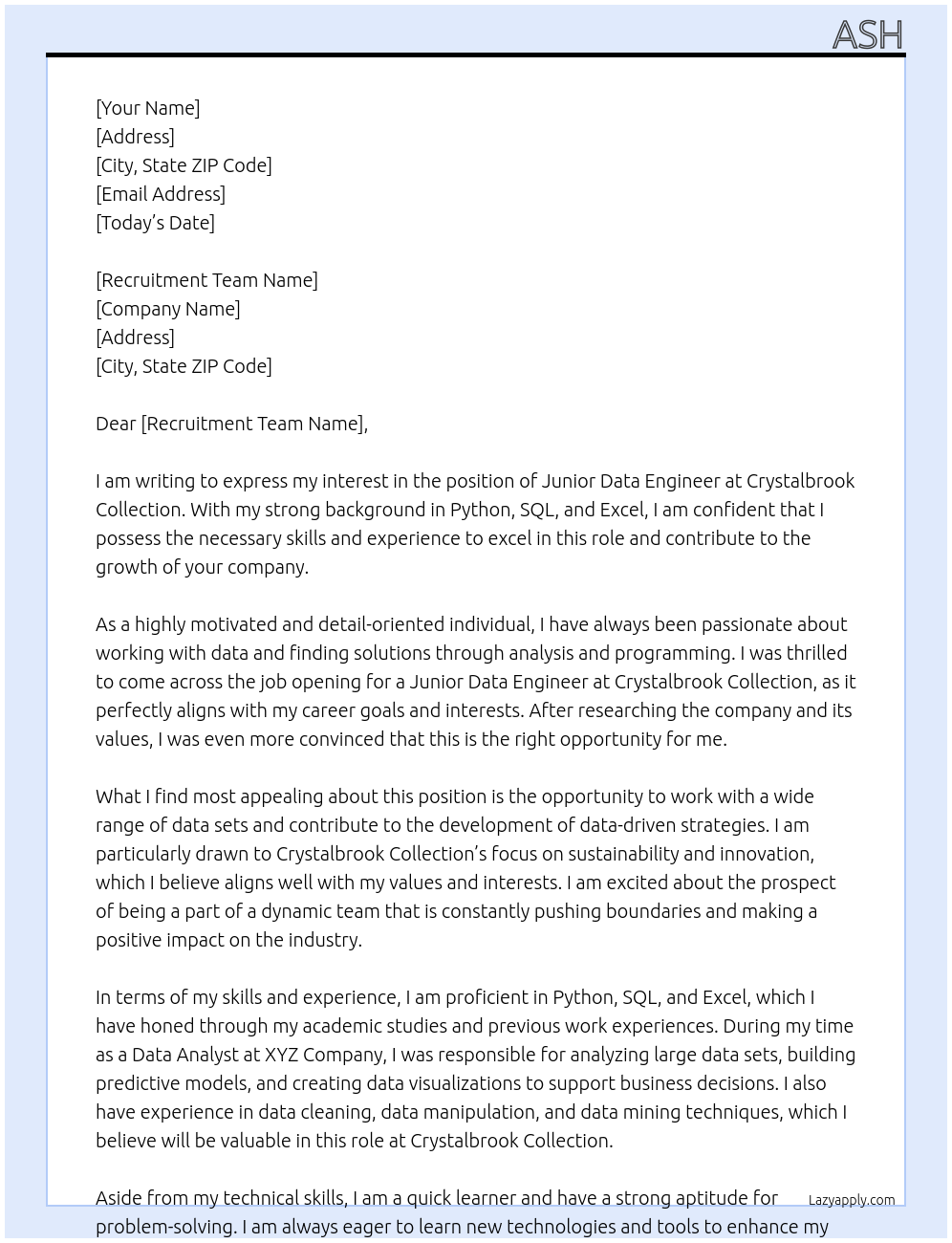 Junior data engineer At Crystalbrook Collection Cover Letter