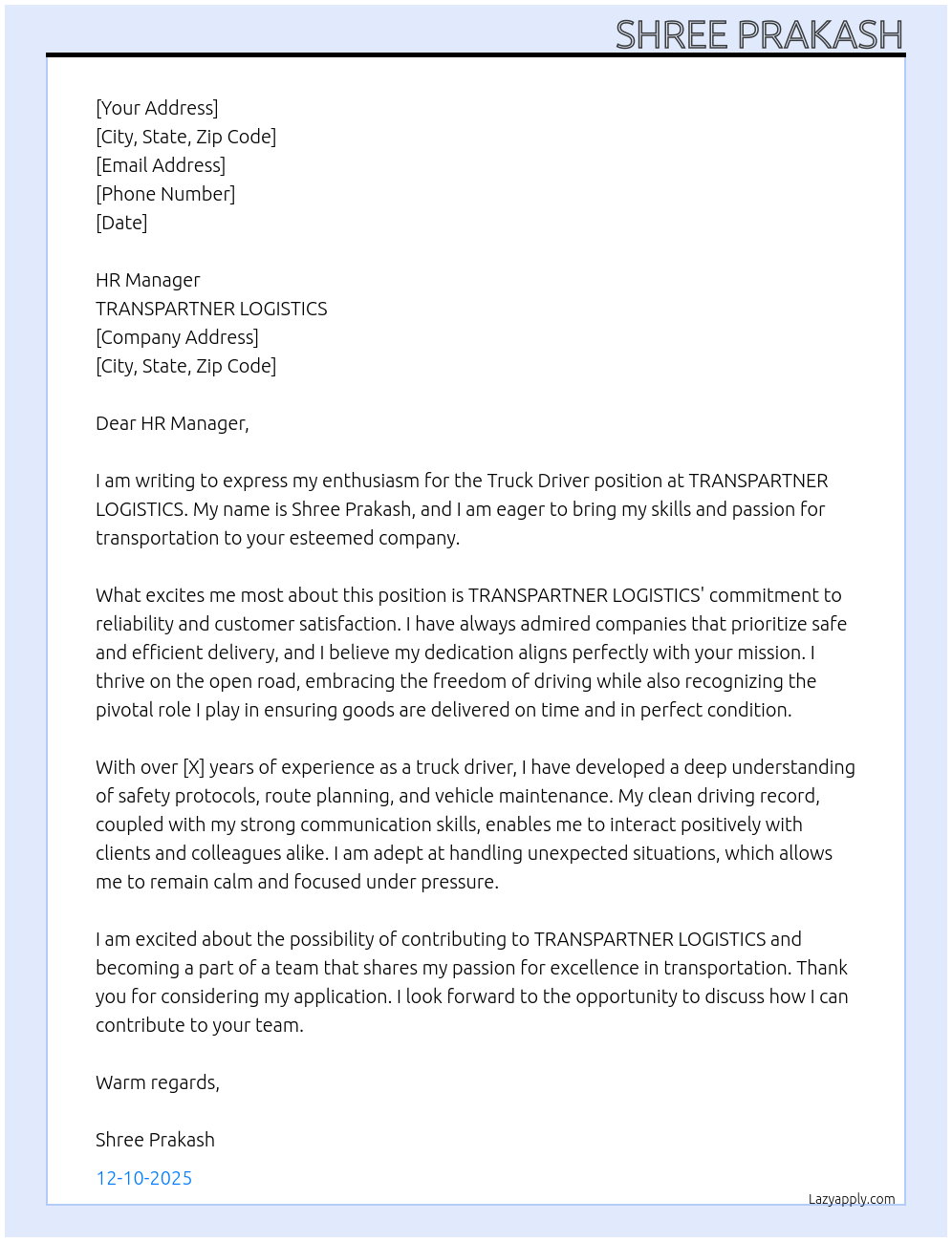 Cover letter for truck driver - LazyApply