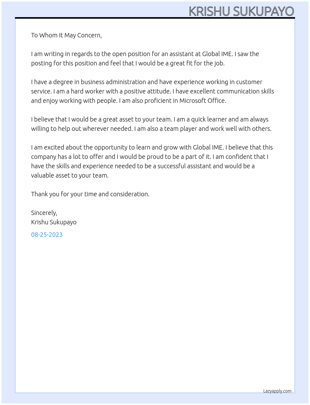 Assistant  At global IME Cover Letter