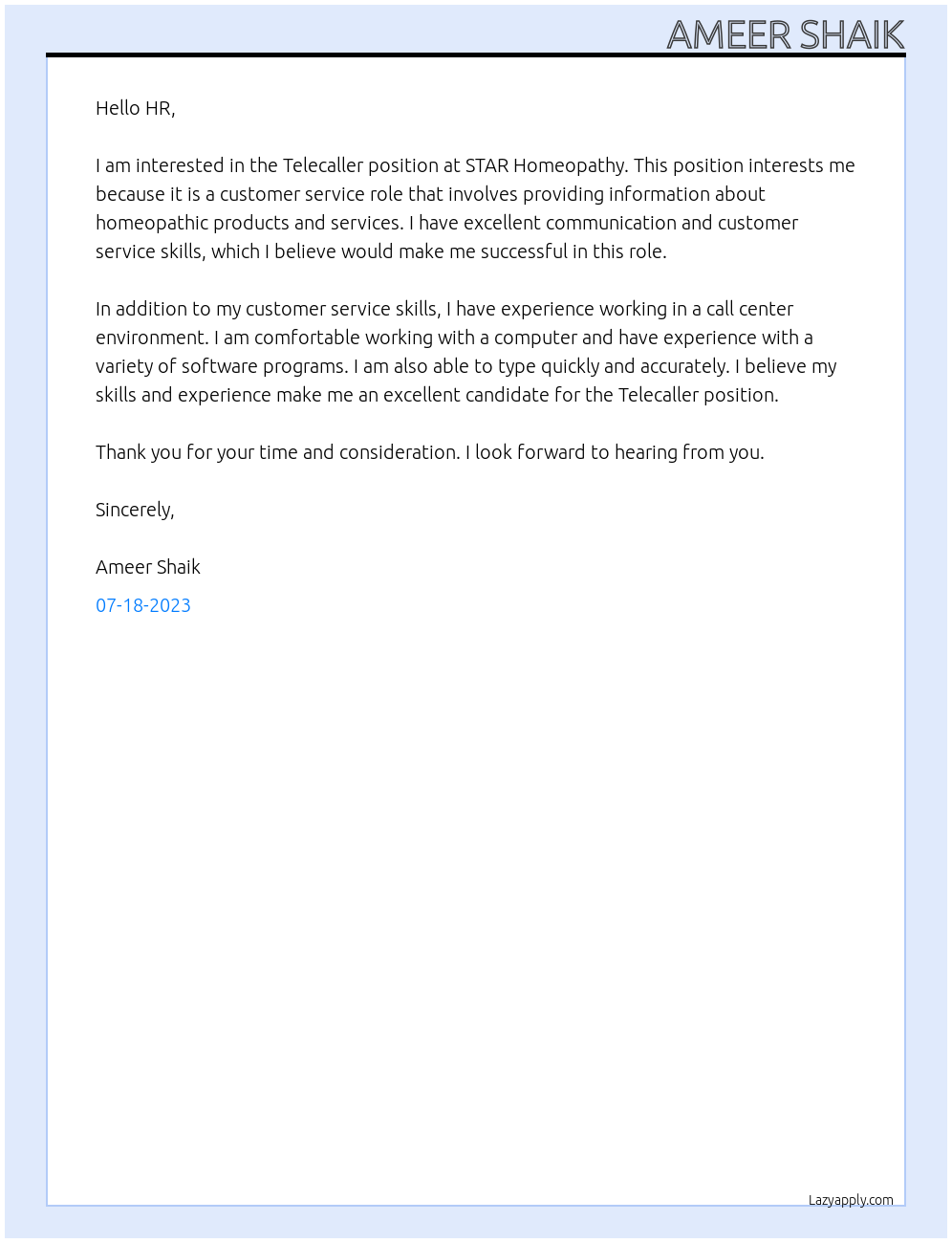 Telecaller At STAR Homeopathy Cover Letter