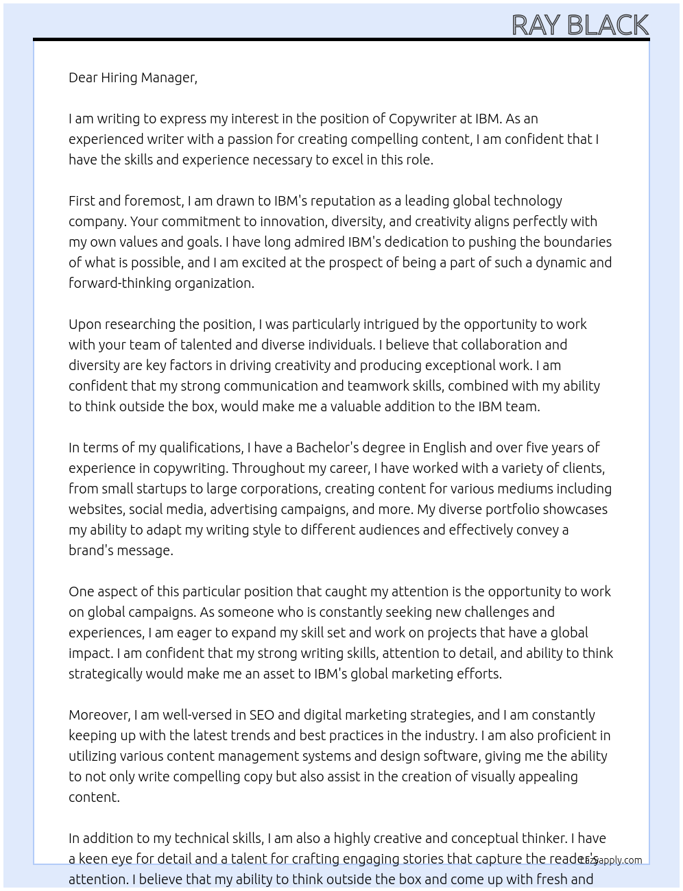 copywriter At ibm Cover Letter