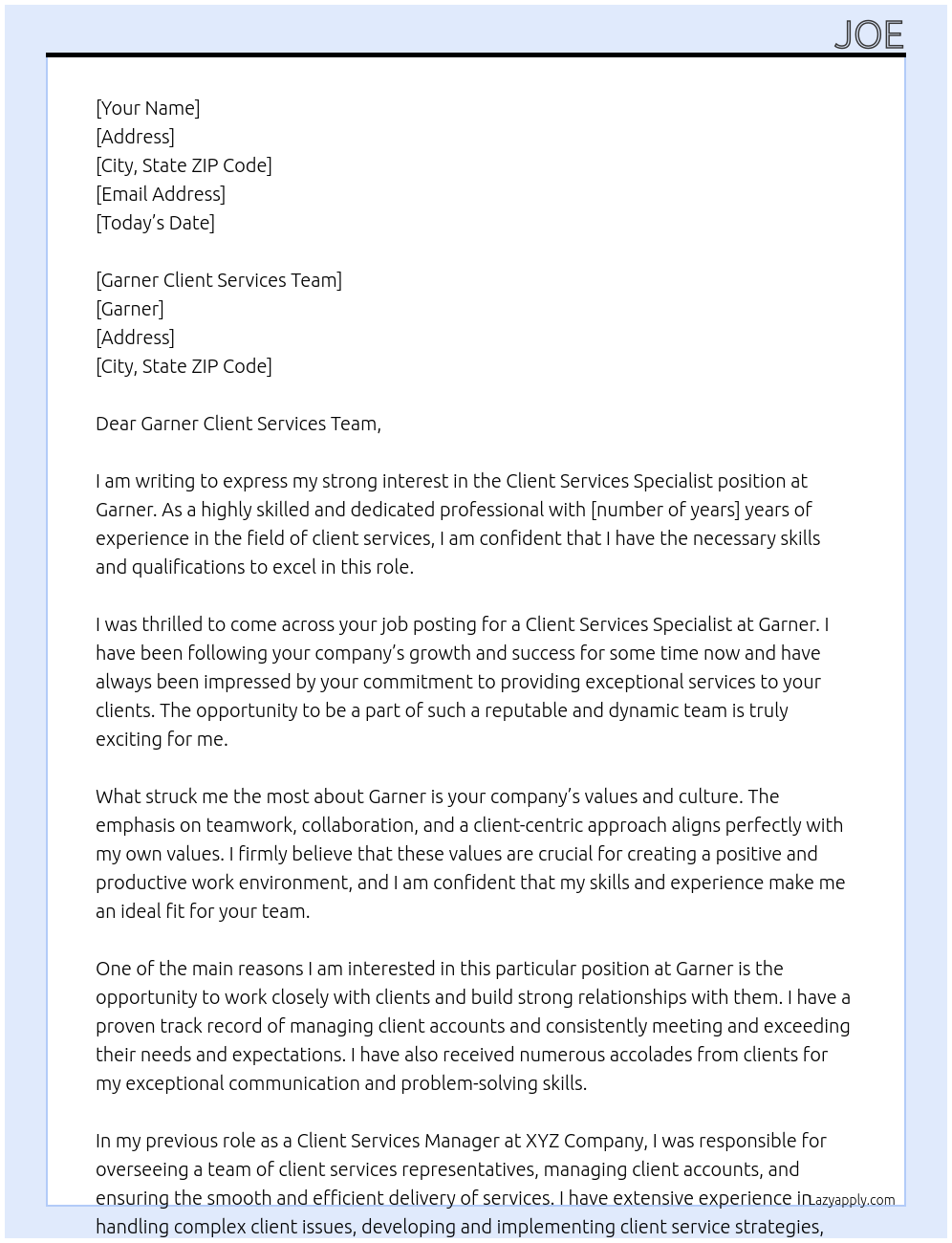 Client Services Specialist At Garner Cover Letter