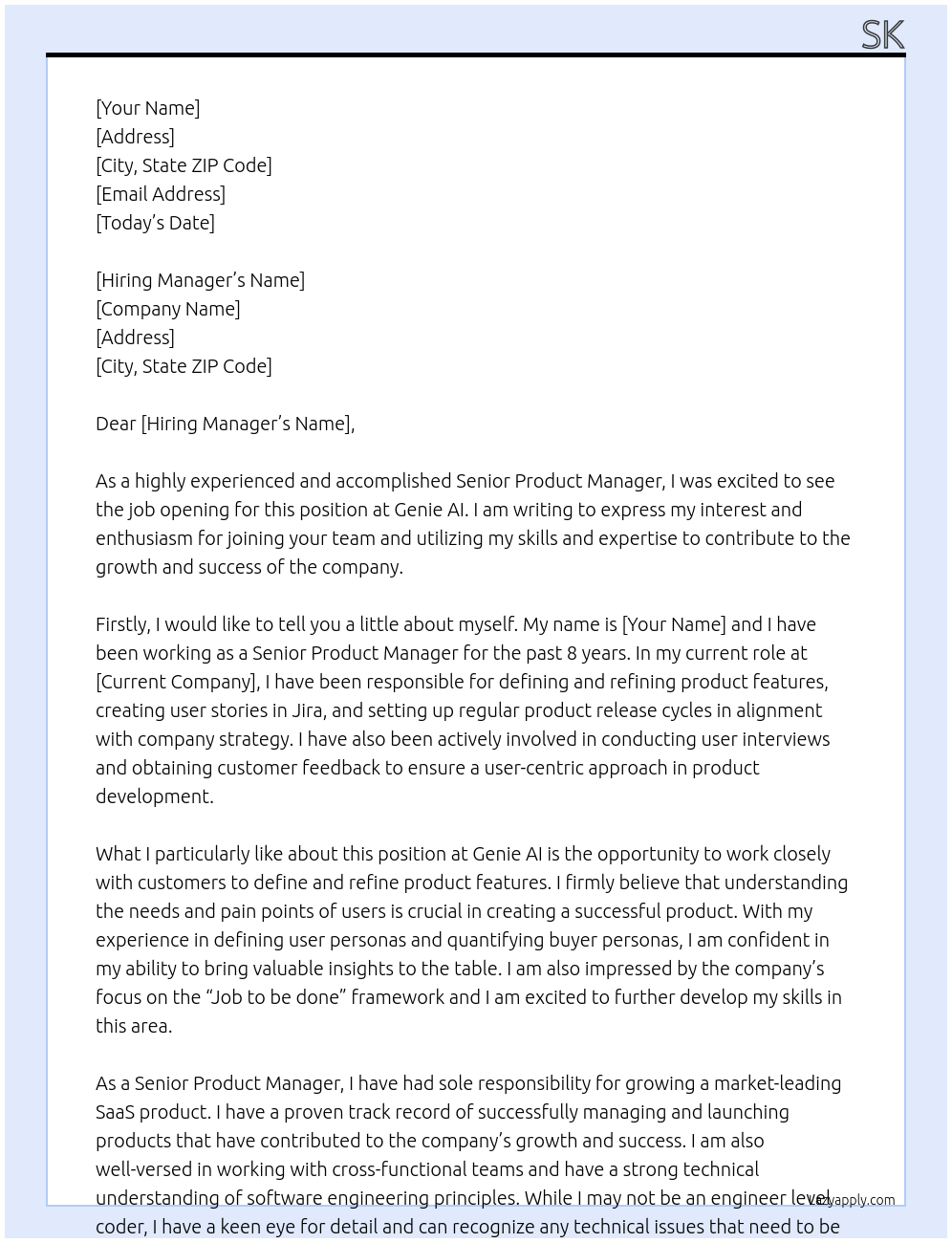 Senior Product Manager At Genie AI Cover Letter