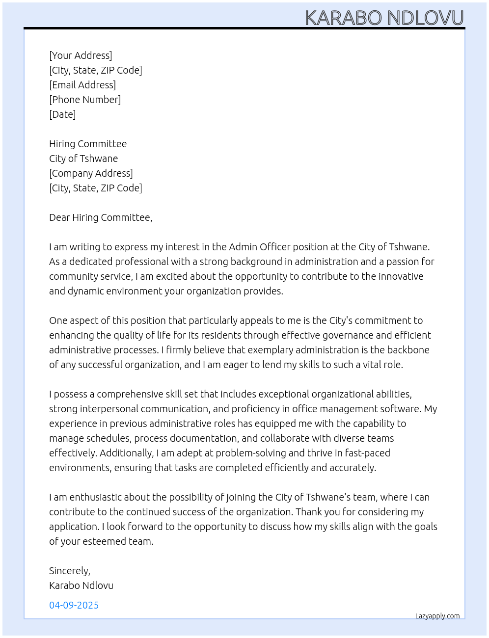 Admin Officer At City of tshwane Cover Letter