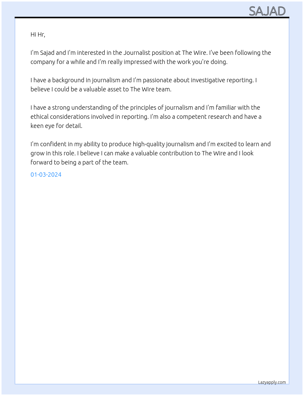 Journalist At The Wire Cover Letter