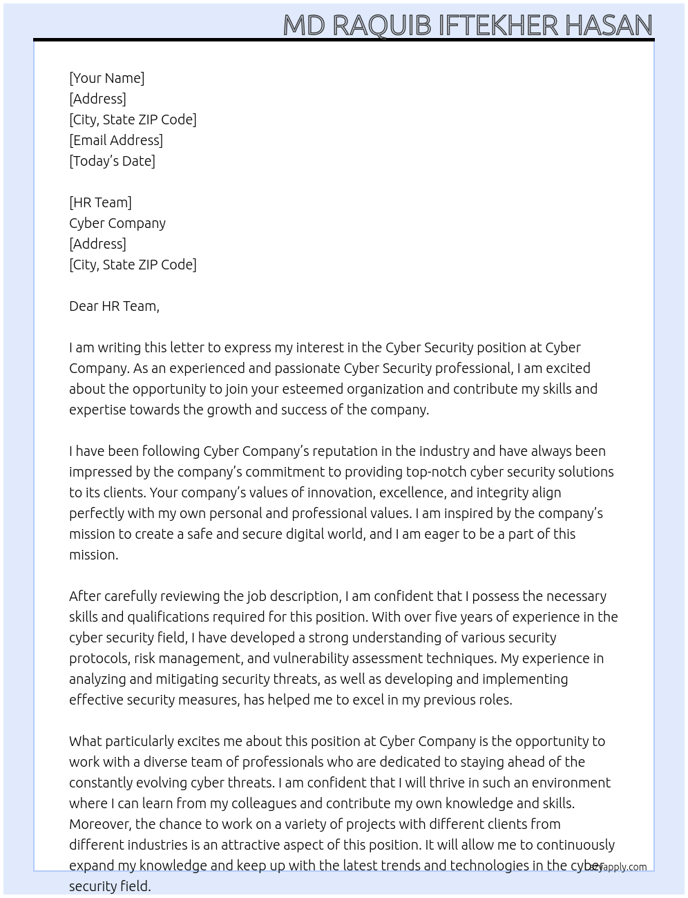 Cyber Security At Cyber Company Cover Letter