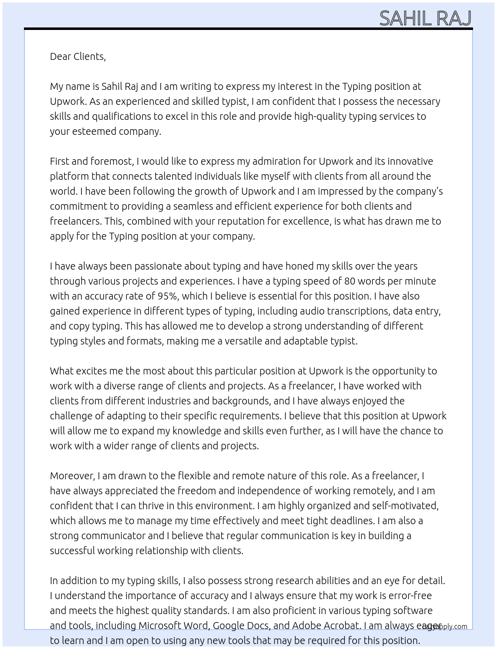 Typing At Upwork Cover Letter