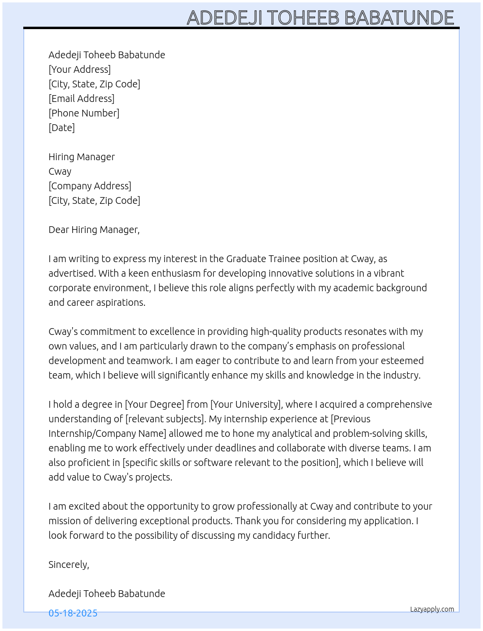 Graduate Trainee  At Cway Cover Letter