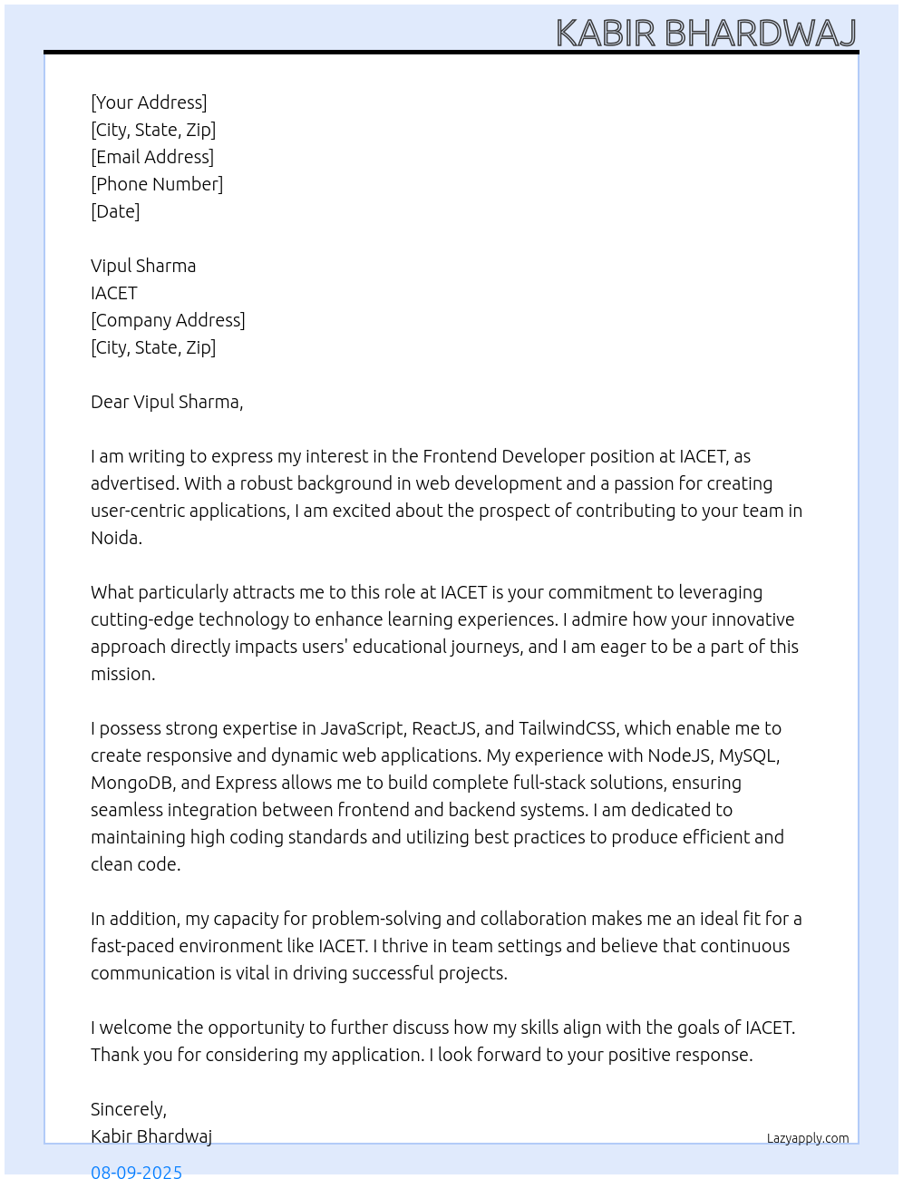 Frontend Developer At IACET Cover Letter
