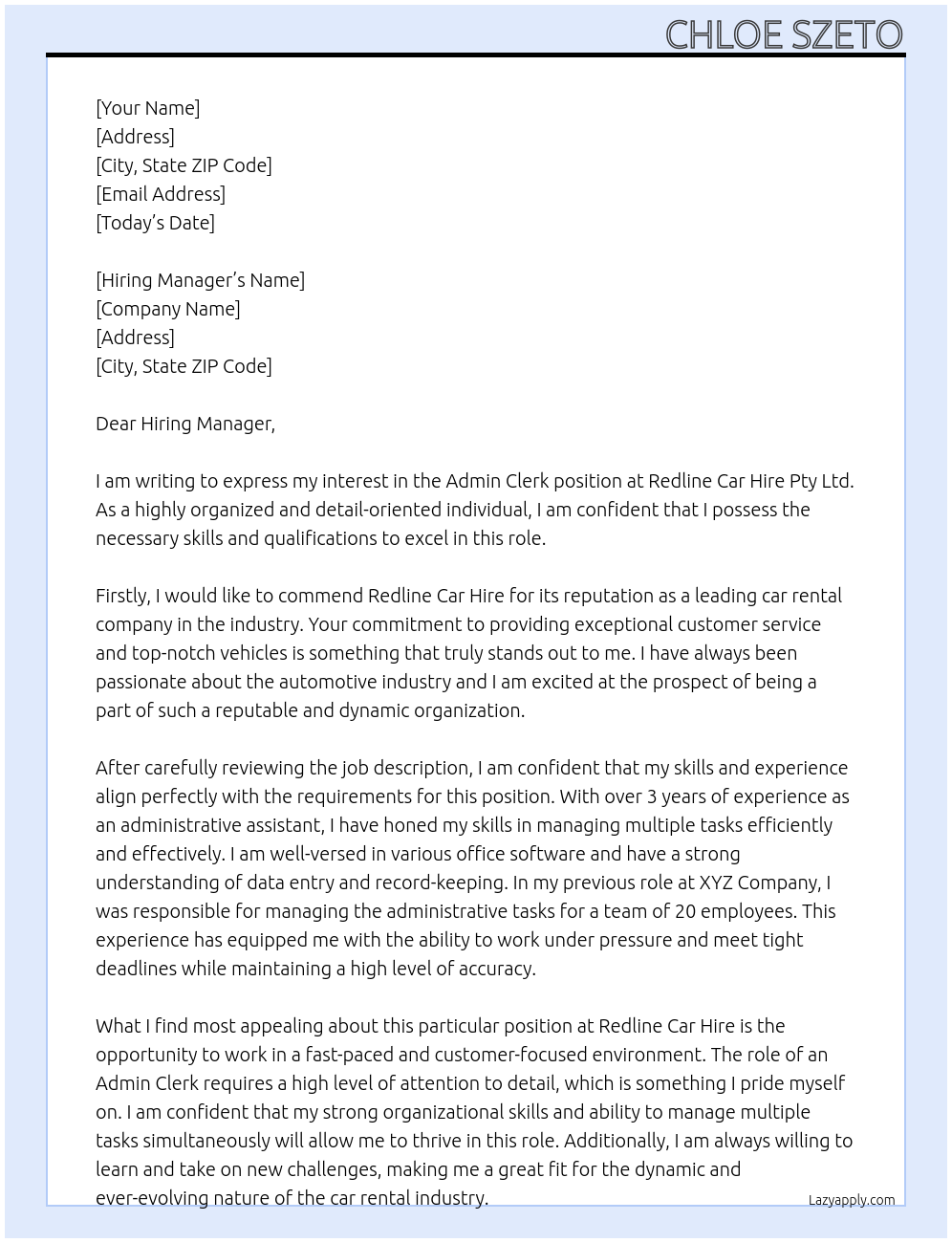 Admin Clerk At Redline Car Hire Pty Ltd Cover Letter