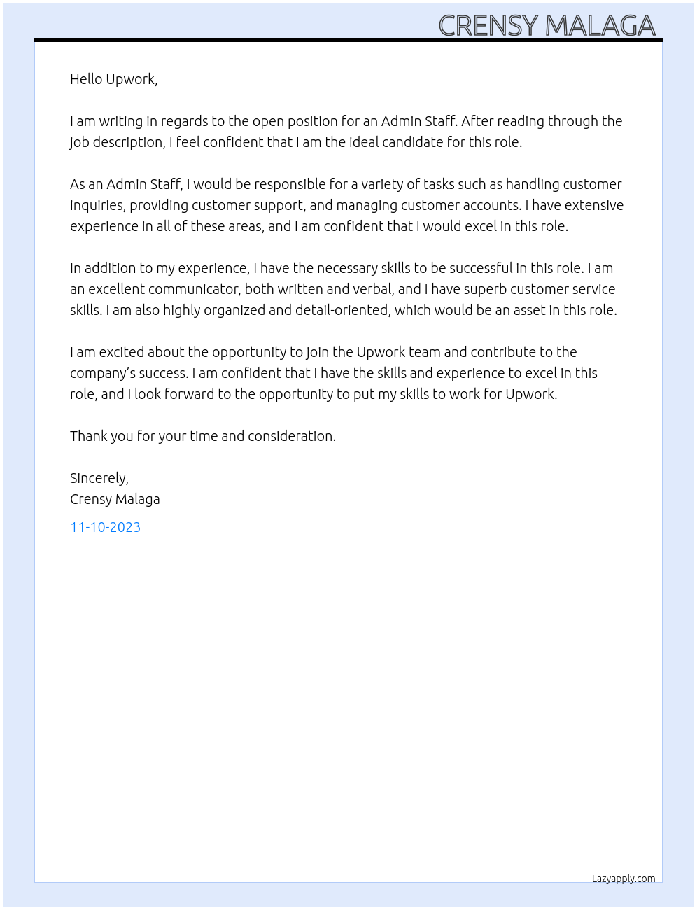 ADMIN STAFF At Upwork Cover Letter