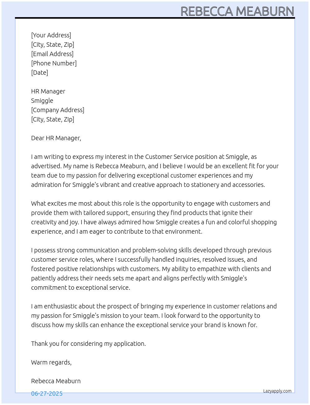 customer service At smiggle Cover Letter