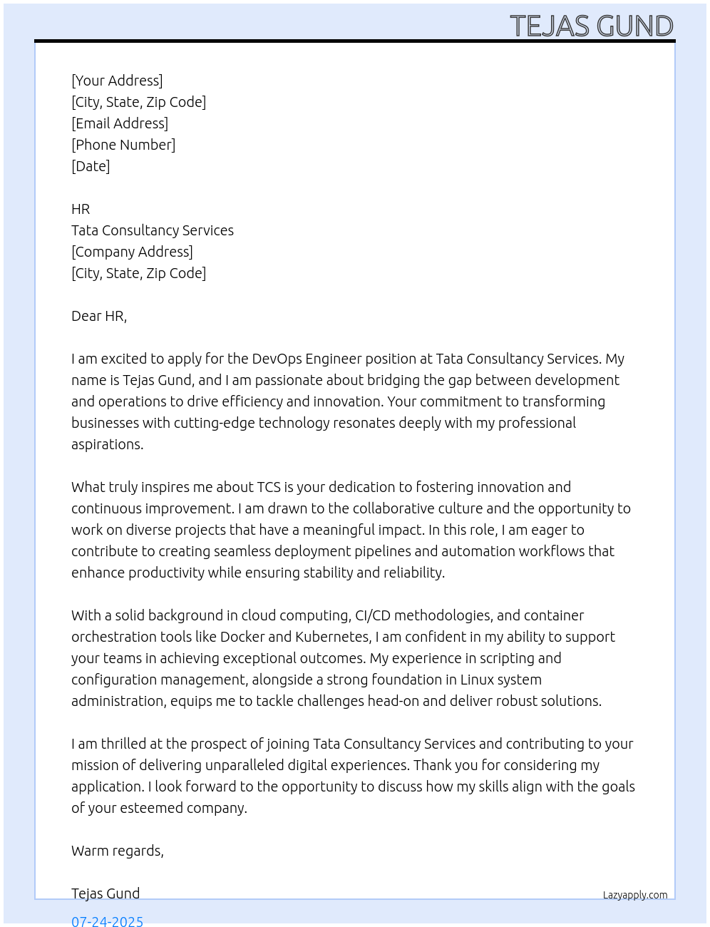 Devops Engineer At Tata Consultancy services Cover Letter