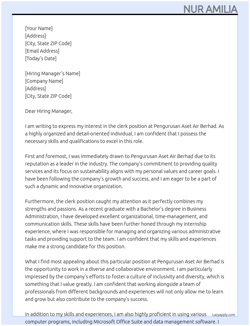 clerk At Pengurusan Aset Air Berhad Cover Letter