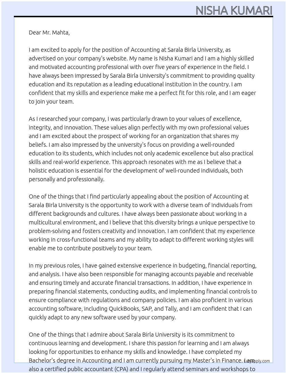 accounting At Sarala birla University Cover Letter