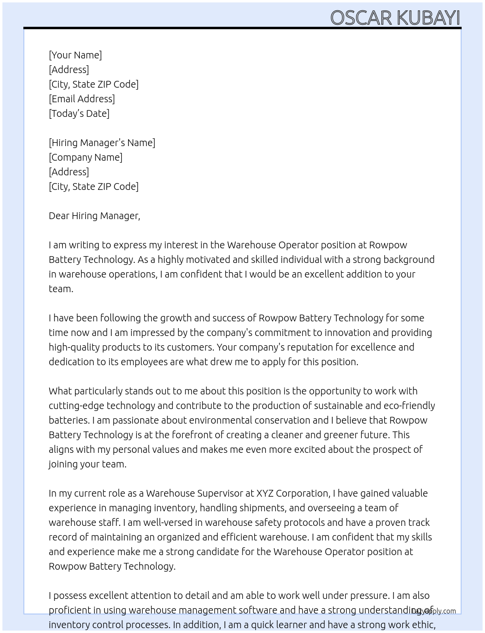 Warehouse operator At Rowpow Battery Technology Cover Letter