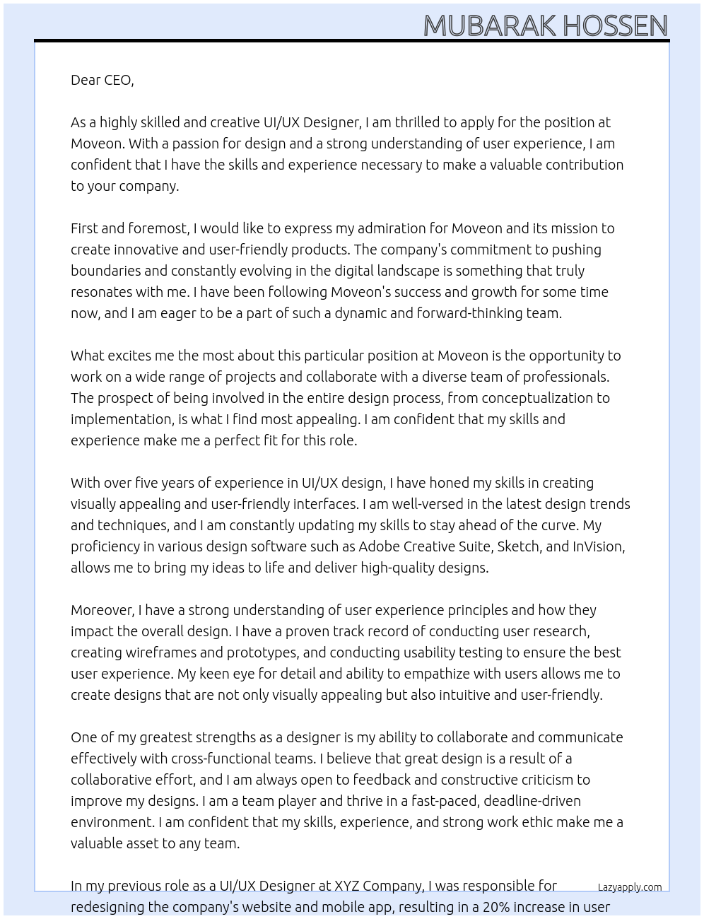 UI/UX Designer At moveon Cover Letter