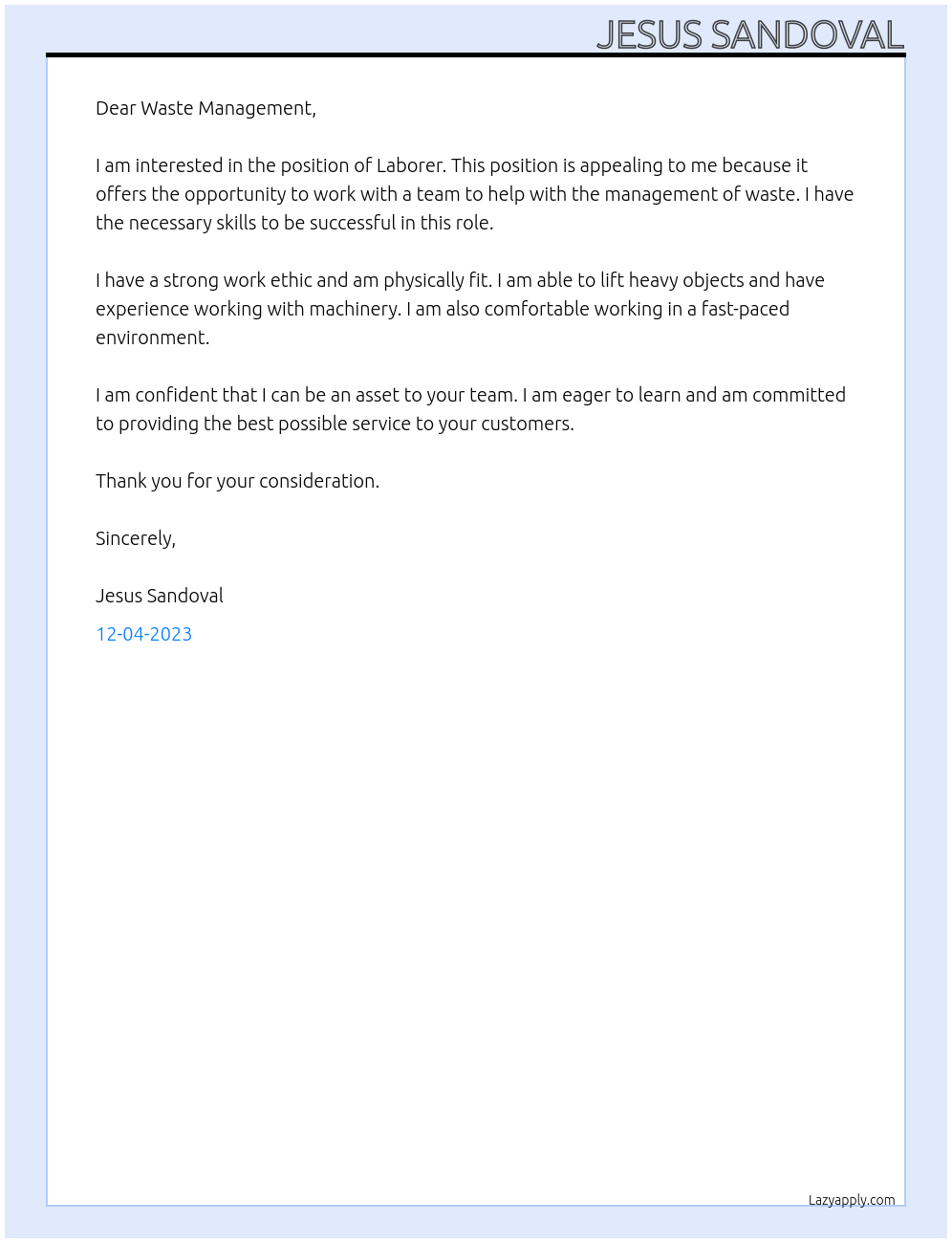 Laborer At Waste Management Cover Letter