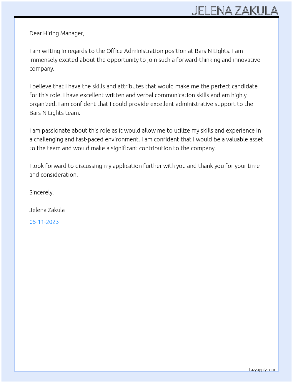Office Administration At Bars N Lights Cover Letter